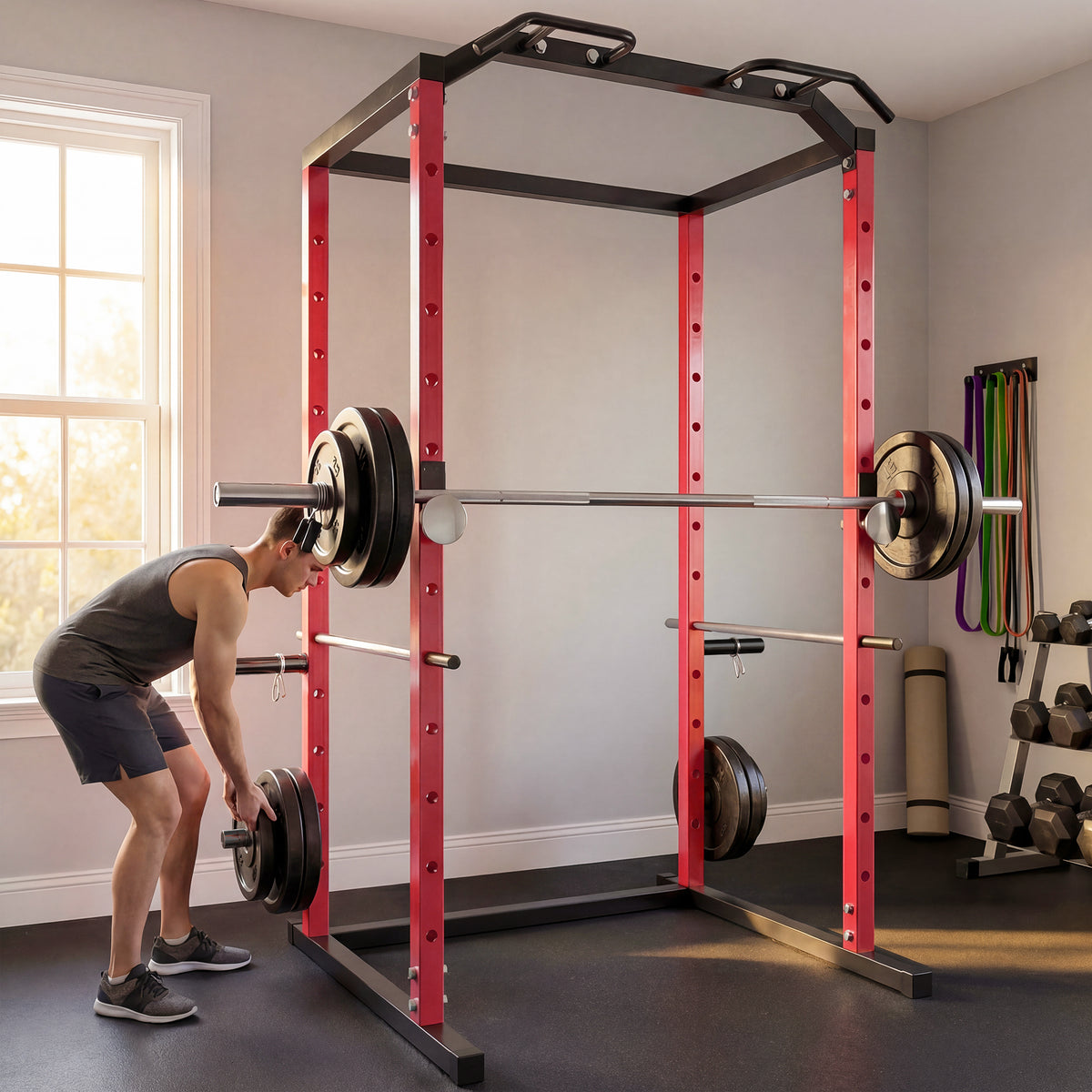 Adjustable Power Rack with Pull-Up Bar, Dip Station and J-Hooks - Red & Black