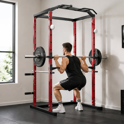 Adjustable Power Rack with Pull-Up Bar, Dip Station and J-Hooks - Red & Black