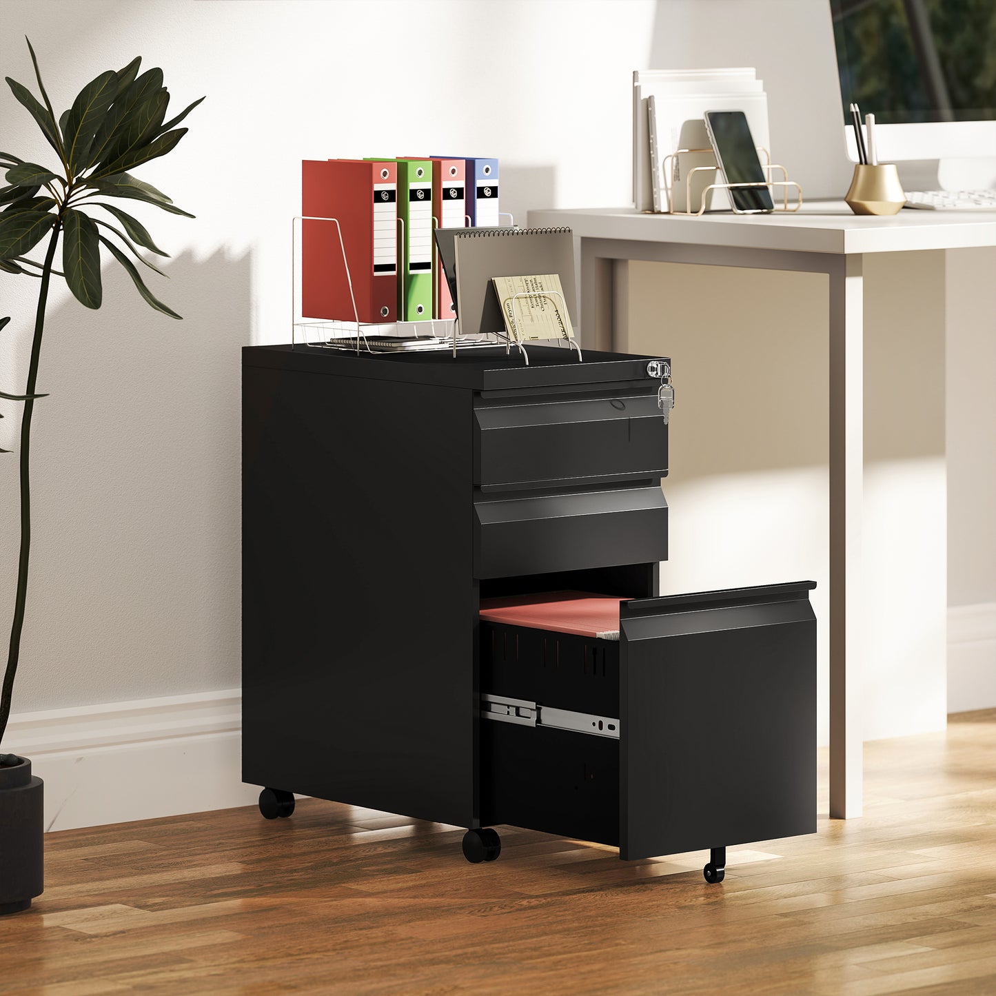 Steel File Cabinet with Lock and Wheels for Home Office, Black