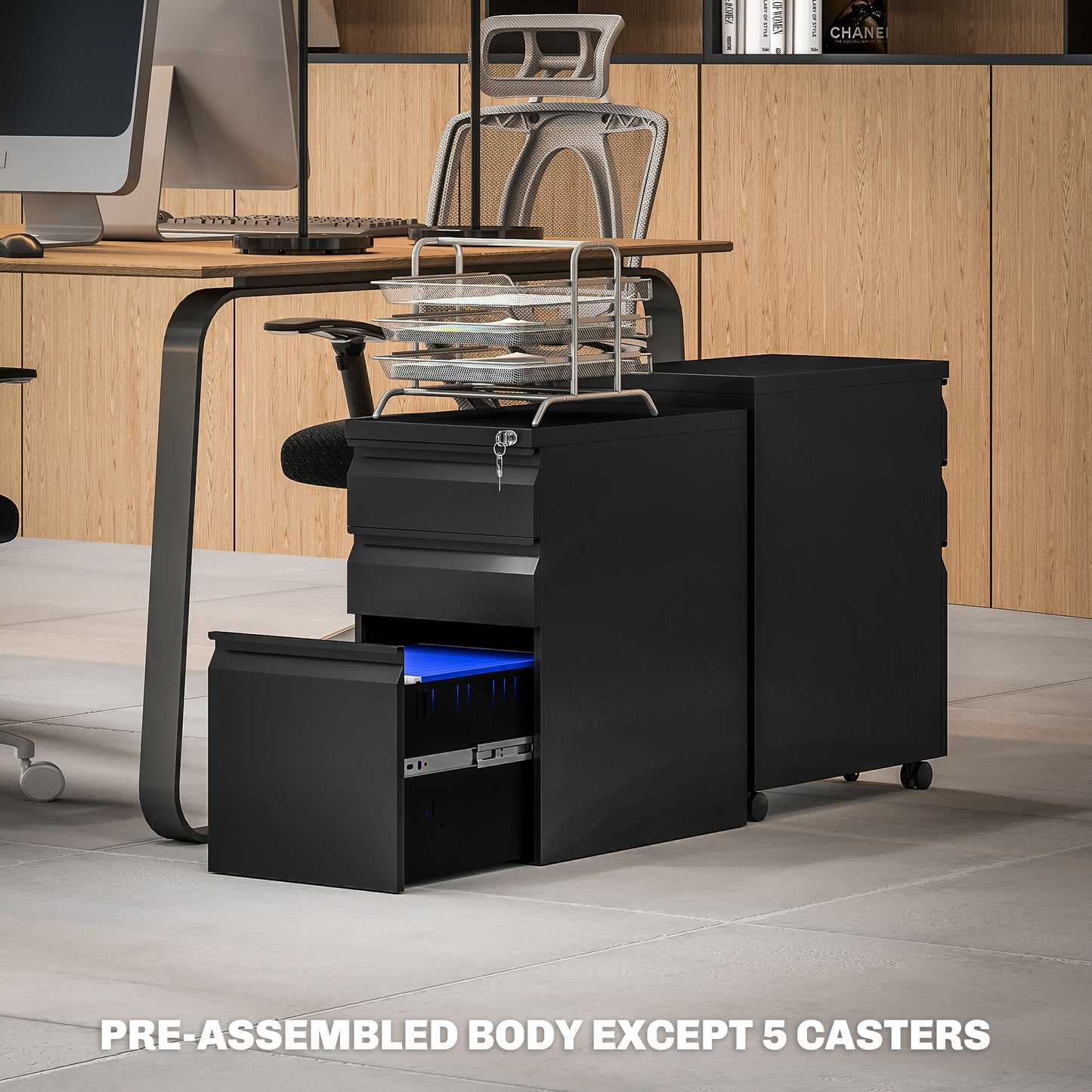 Steel File Cabinet with Lock and Wheels for Home Office, Black