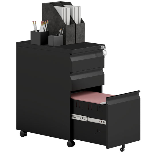 Steel File Cabinet with Lock and Wheels for Home Office, Black