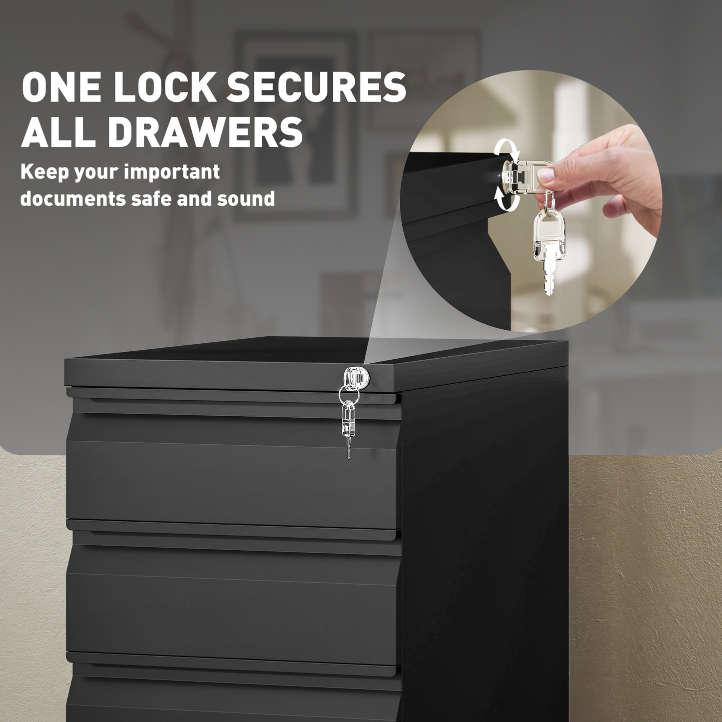 Steel File Cabinet with Lock and Wheels for Home Office, Black