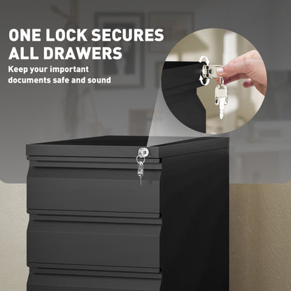 Steel File Cabinet with Lock and Wheels for Home Office, Black