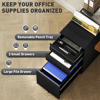 Steel File Cabinet with Lock and Wheels for Home Office, Black