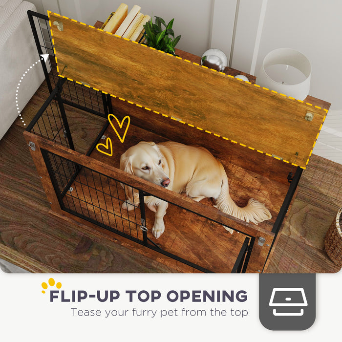 Dog Crate Furniture, Dog Cage End Table with Flip-up Opening Top, 2 Lockable Doors, for Large Dogs, 98 x 60 x 65.5cm, Rustic Brown