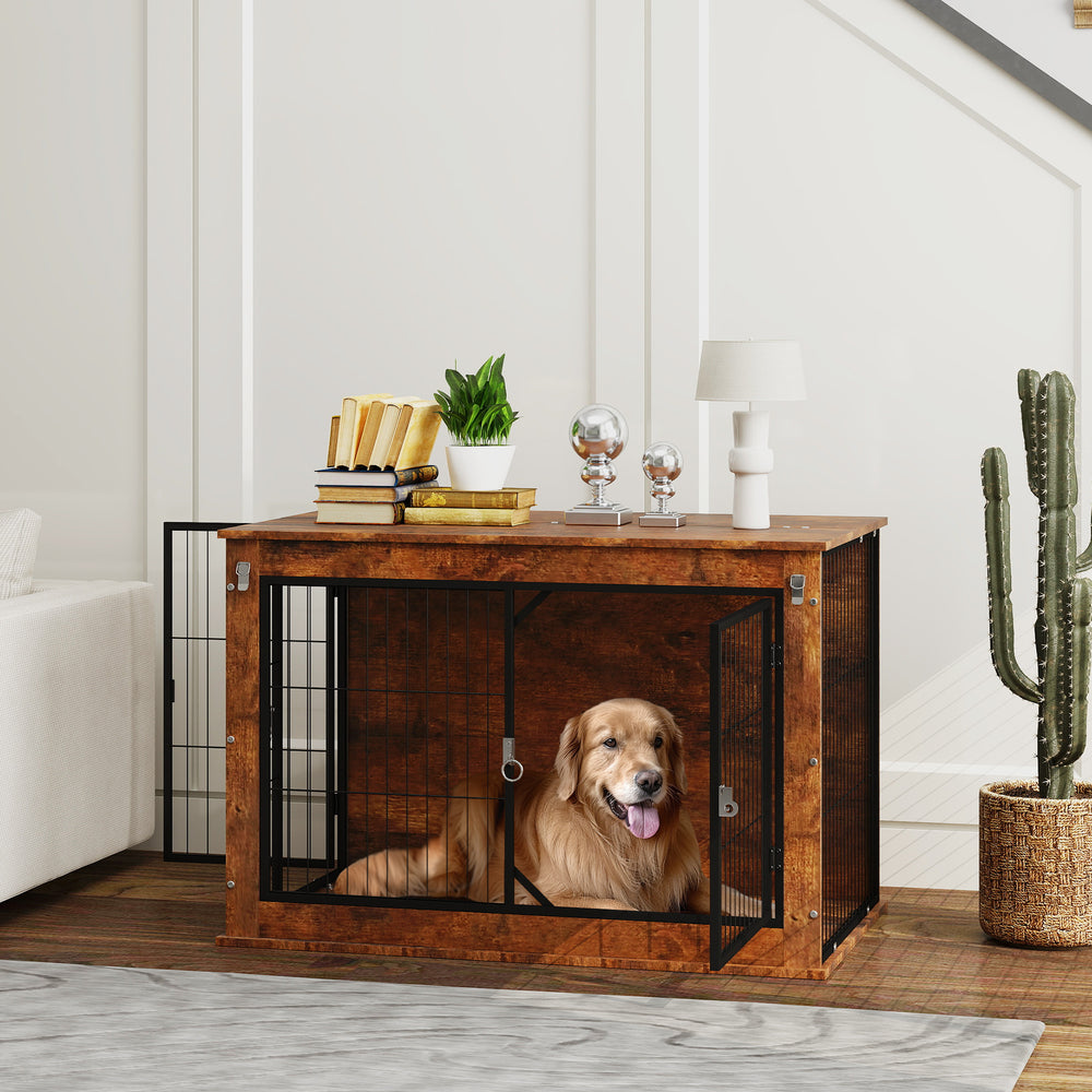 Dog Crate Furniture, Dog Cage End Table with Flip-up Opening Top, 2 Lockable Doors, for Large Dogs, 98 x 60 x 65.5cm, Rustic Brown