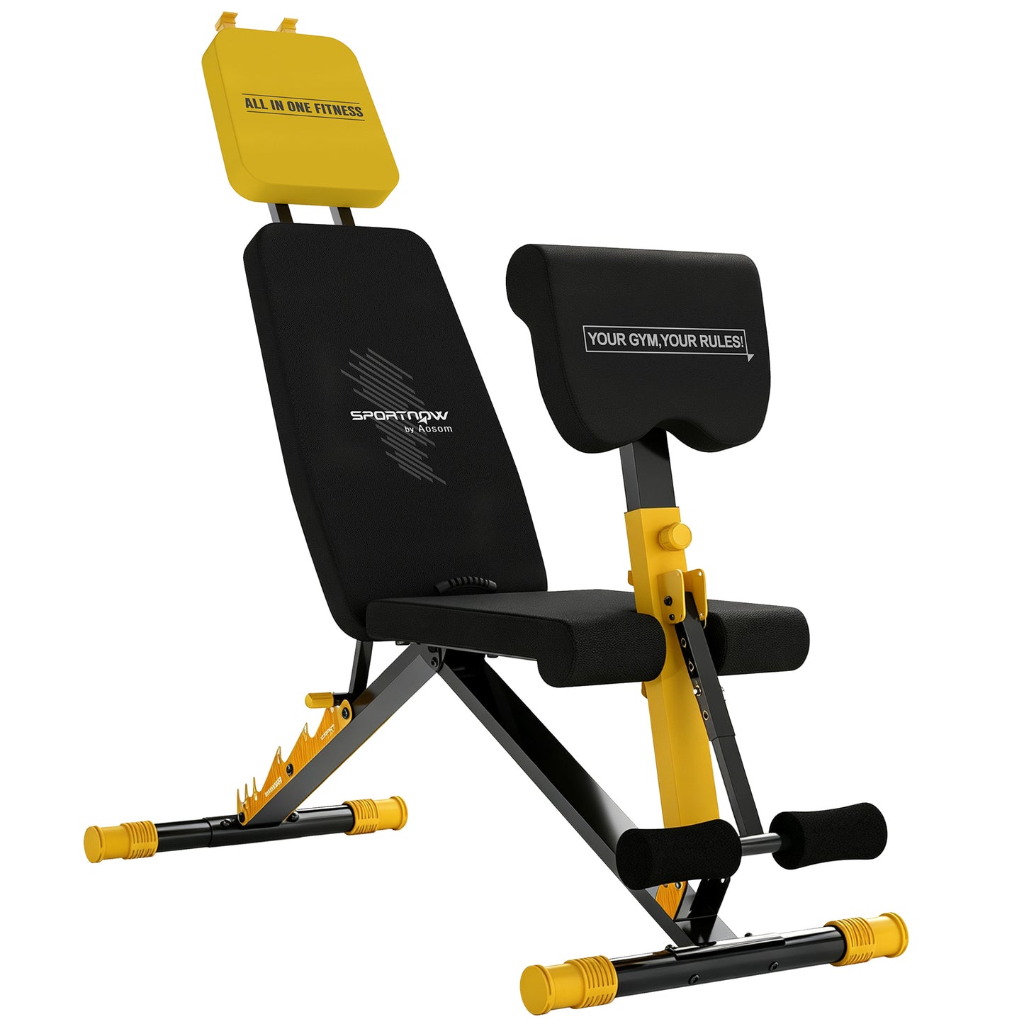 Adjustable Weight Bench for Home Gym, 300kg Incline Decline Flat Foldable Bench Press with 6 Backrest Positions, Leg Extension, Preacher Pad, Extended Headrest and Pull Strap, Yellow