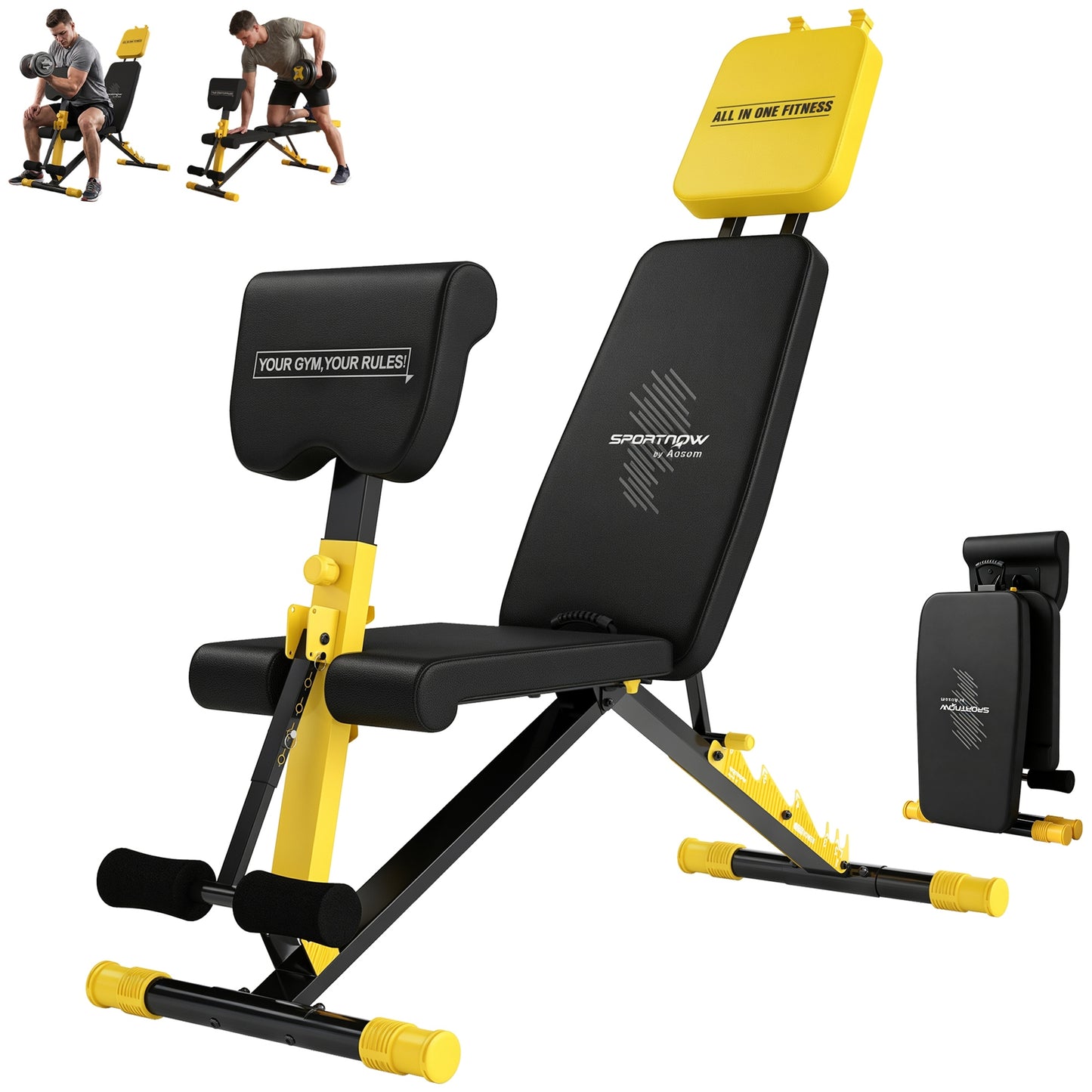 Adjustable Weight Bench for Home Gym, 300kg Incline Decline Flat Foldable Bench Press with 6 Backrest Positions, Leg Extension, Preacher Pad, Extended Headrest and Pull Strap, Yellow