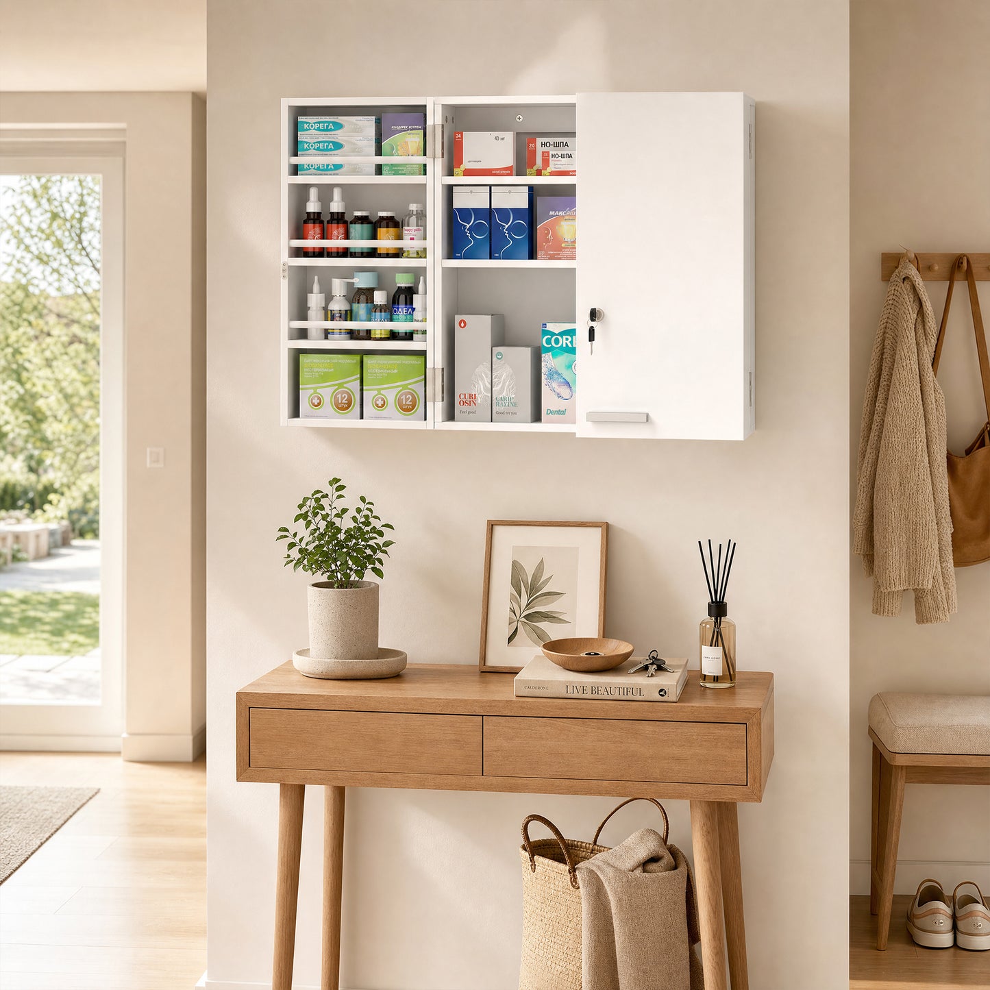 Wall Mount Medicine Cabinet with Key Lock and 2 Doors, White