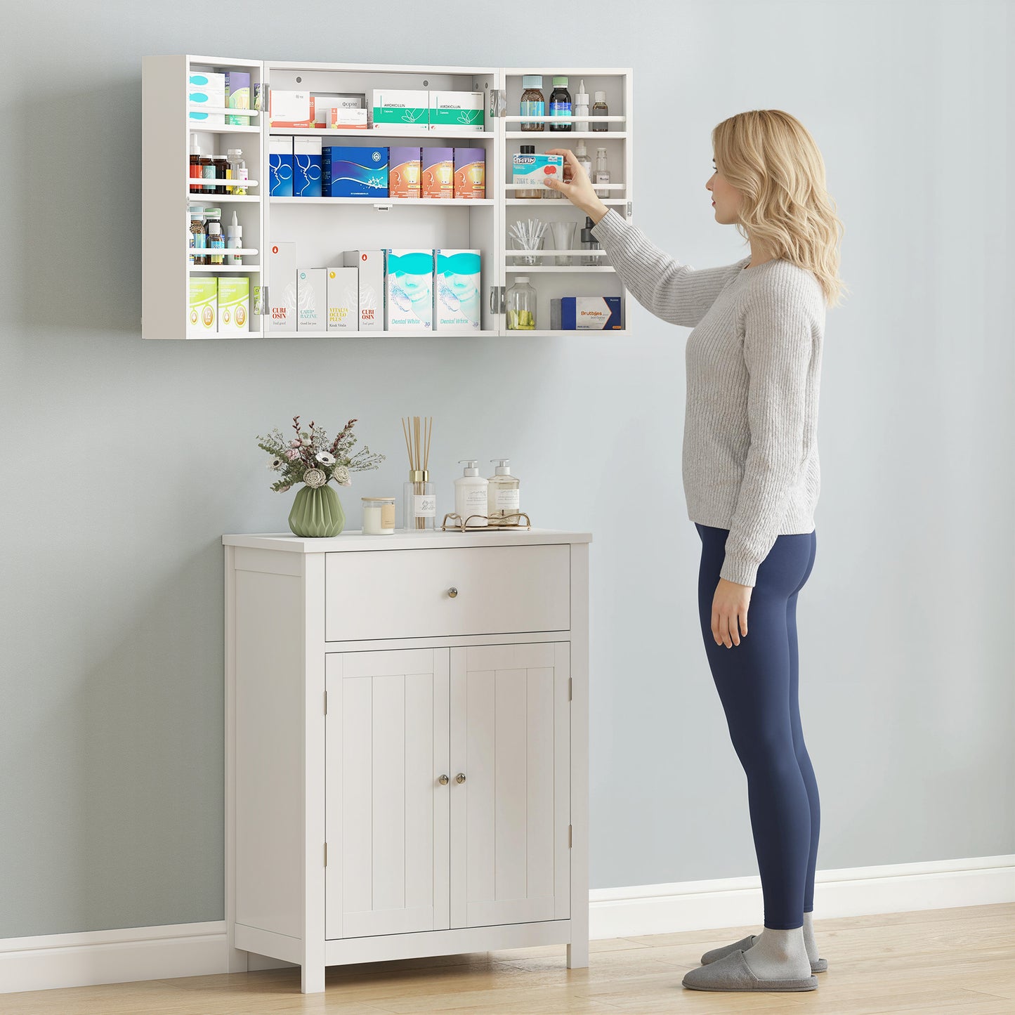 Wall Mount Medicine Cabinet with Key Lock and 2 Doors, White