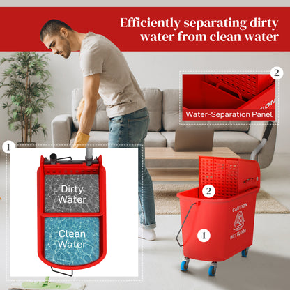 20L Mop Bucket with Wringer Handle on Wheels for Floor Cleaning Red