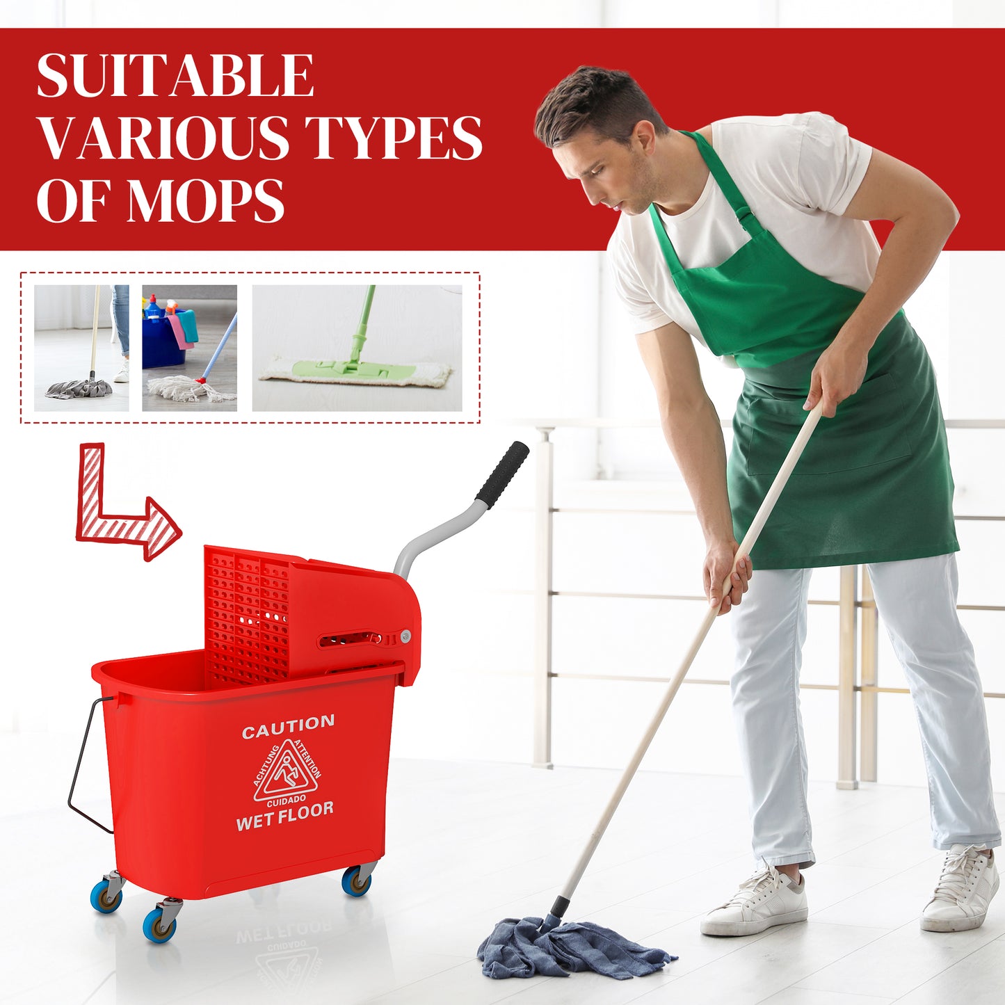 20L Mop Bucket with Wringer Handle on Wheels for Floor Cleaning Red