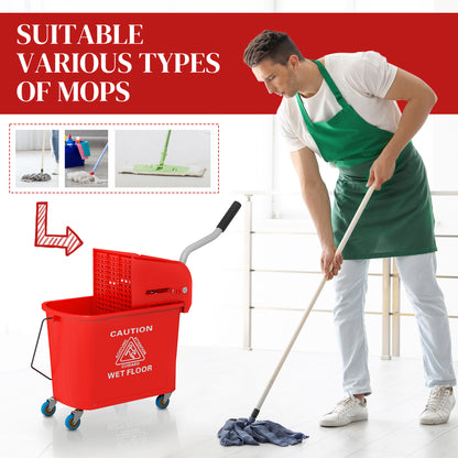 20L Mop Bucket with Wringer Handle on Wheels for Floor Cleaning Red