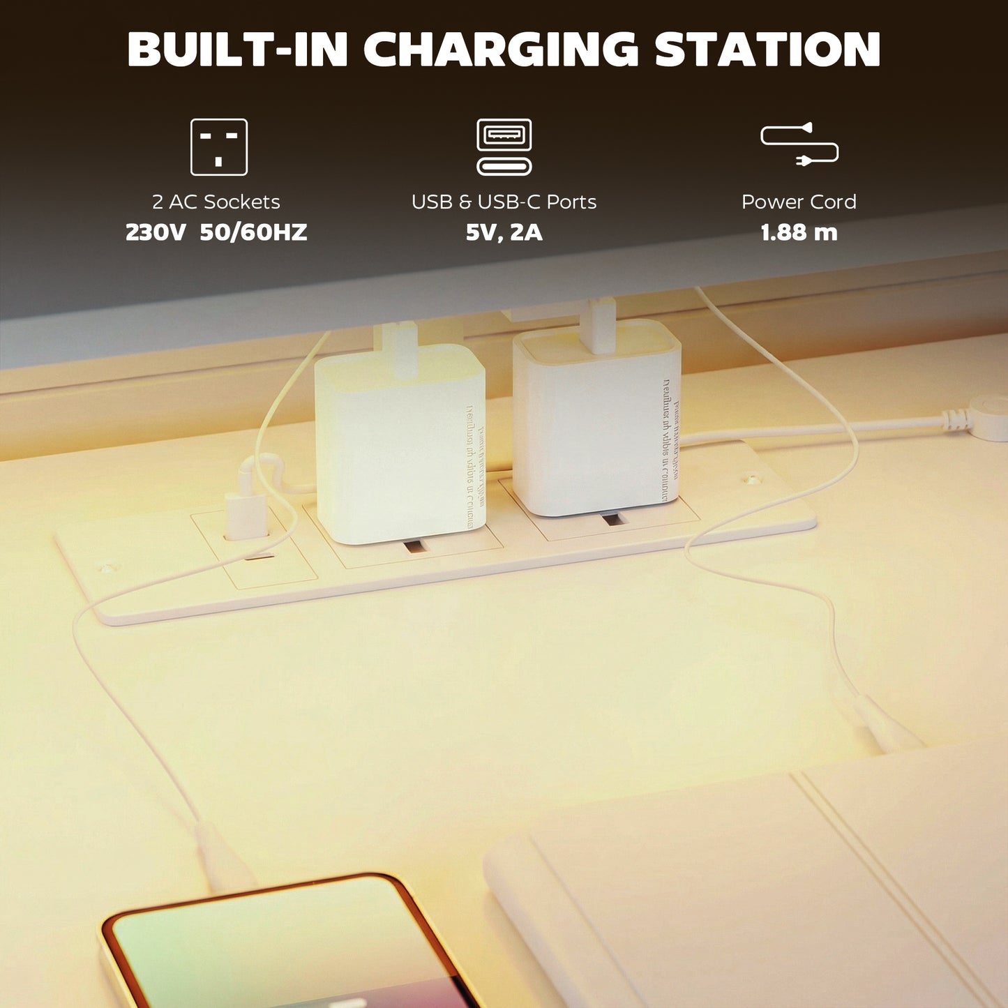 147cm Gaming Desk with Charging Station and RGB Lights, White