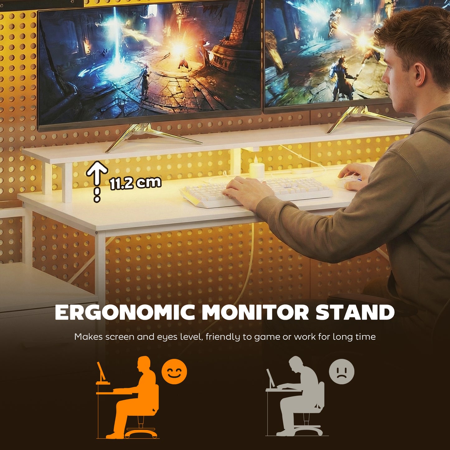 147cm Gaming Desk with Charging Station and RGB Lights, White