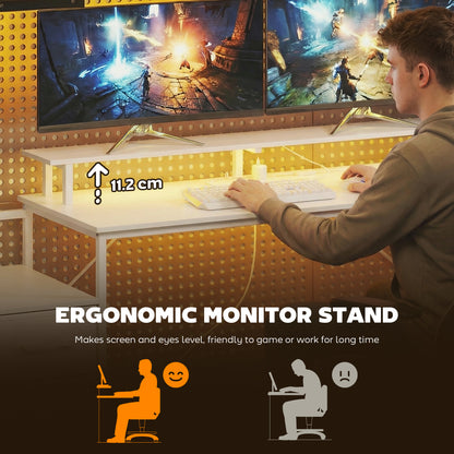 147cm Gaming Desk with Charging Station and RGB Lights, White