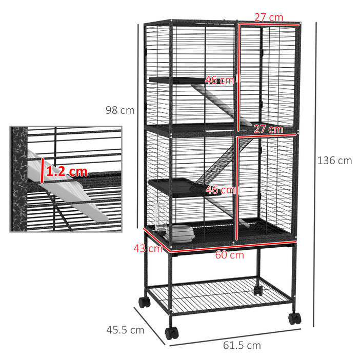 Rolling Chinchilla Cage, Small Animal Cage for Ferrets w/ Three Doors, Storage, Shelf, Tray Tray, Bowl, Water Bottle