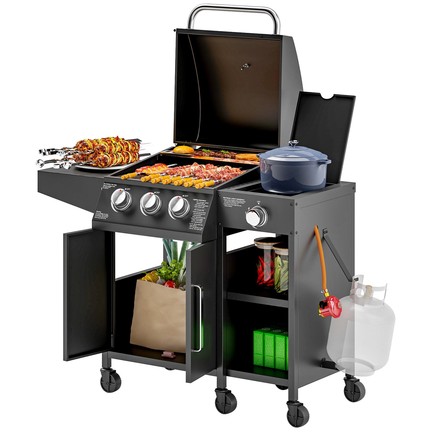 9.5 kW Gas Barbecue with 3+1 Burner, Storage Cabinet and Shelves