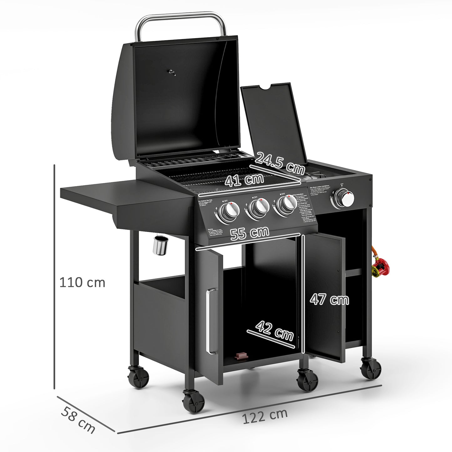 9.5 kW Gas Barbecue with 3+1 Burner, Storage Cabinet and Shelves