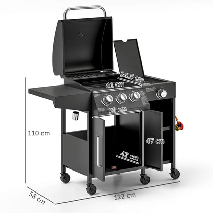 9.5 kW Gas Barbecue with 3+1 Burner, Storage Cabinet and Shelves