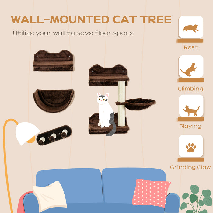 4PCs Wall Mounted Cat Tree Cat Wall Shelves W/ Scratching Post Dark Brown