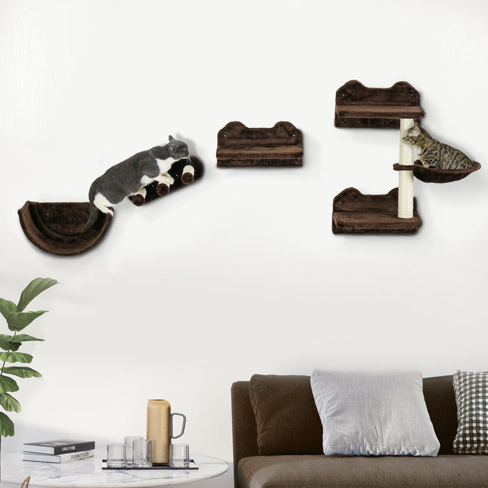 4PCs Wall Mounted Cat Tree Cat Wall Shelves W/ Scratching Post Dark Brown