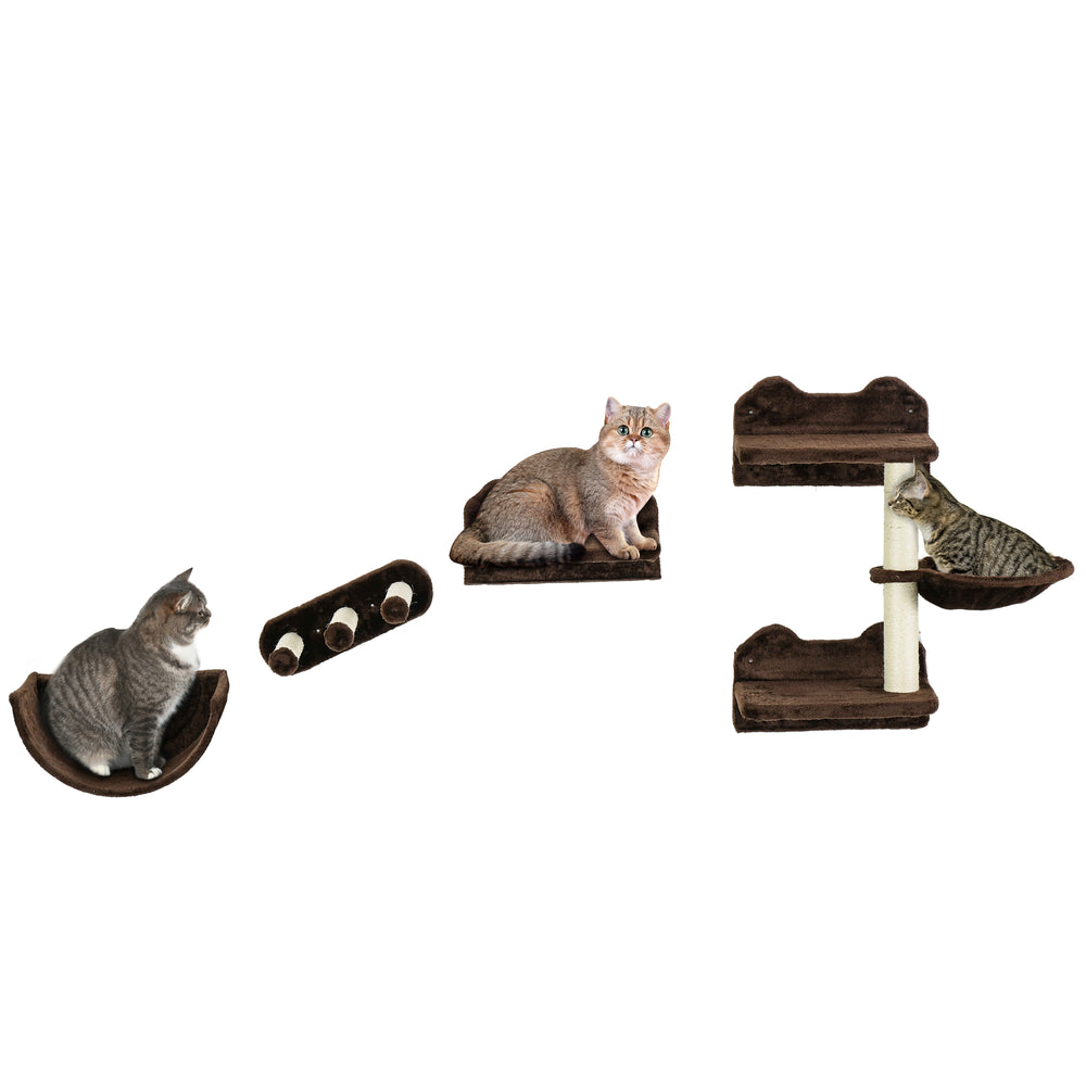 4PCs Wall Mounted Cat Tree Cat Wall Shelves W/ Scratching Post Dark Brown