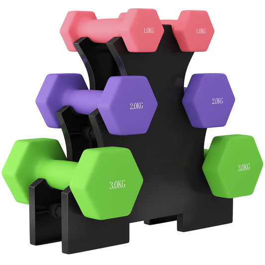 Hex Dumbbells Set with Dumbbell Rack,  2 x 1kg, 2 x 2kg, 2 x 3kg