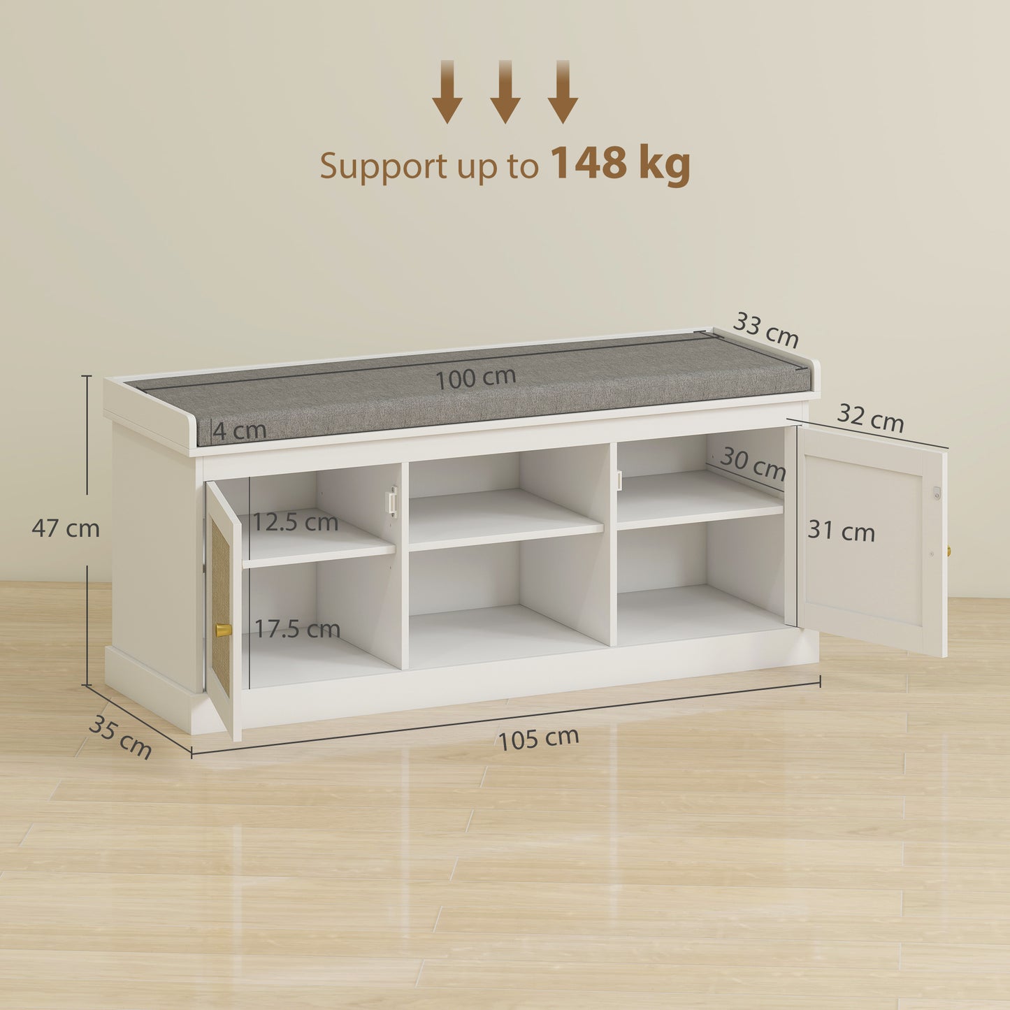 Shoe Bench, Boho Shoe Storage Bench with Padded Cushion, White