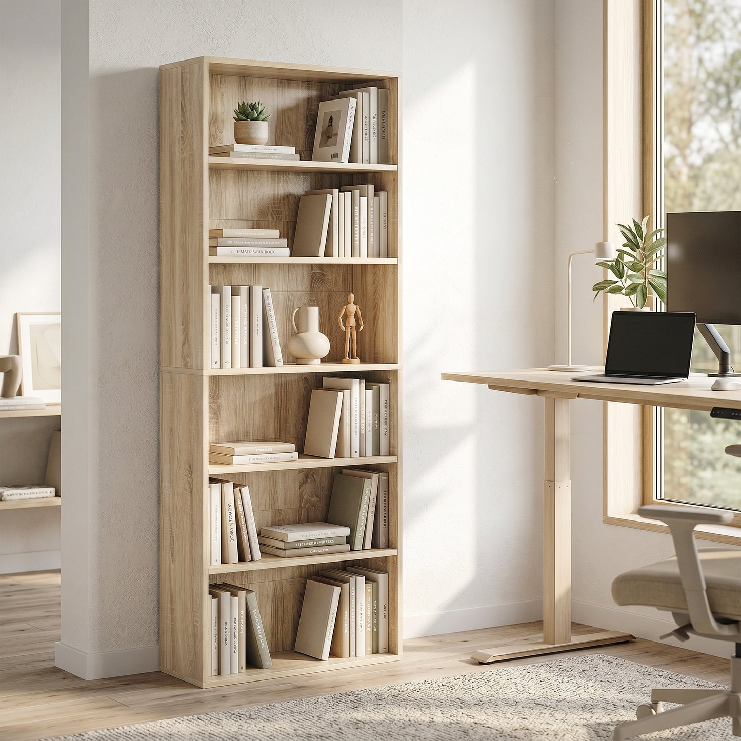 6 Tier Bookcase, Freestanding Bookshelf with Adjustable Shelves, Oak