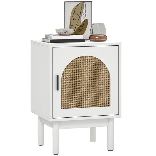 Boho Bedside Table with Rattan Door and Adjustable Shelf, White