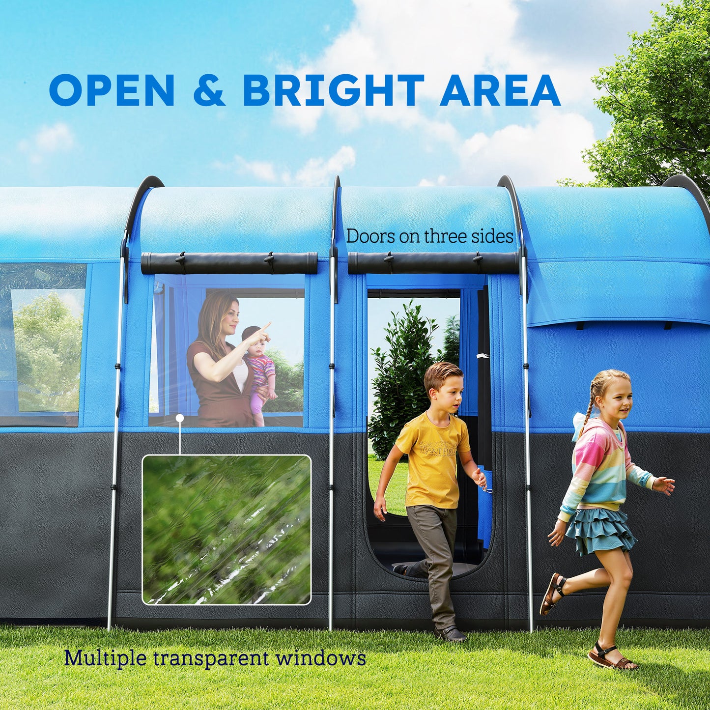 8-Person Camping Tent Tunnel Design with 4 Large Windows Blue