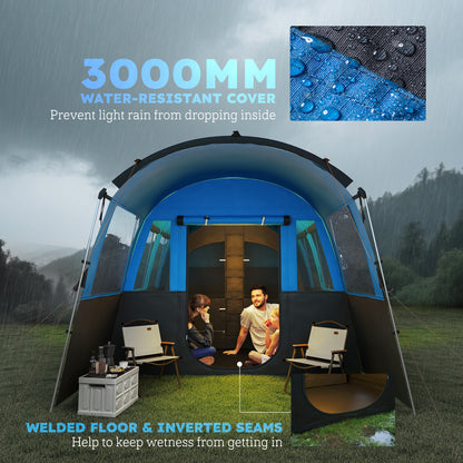 8-Person Camping Tent Tunnel Design with 4 Large Windows Blue