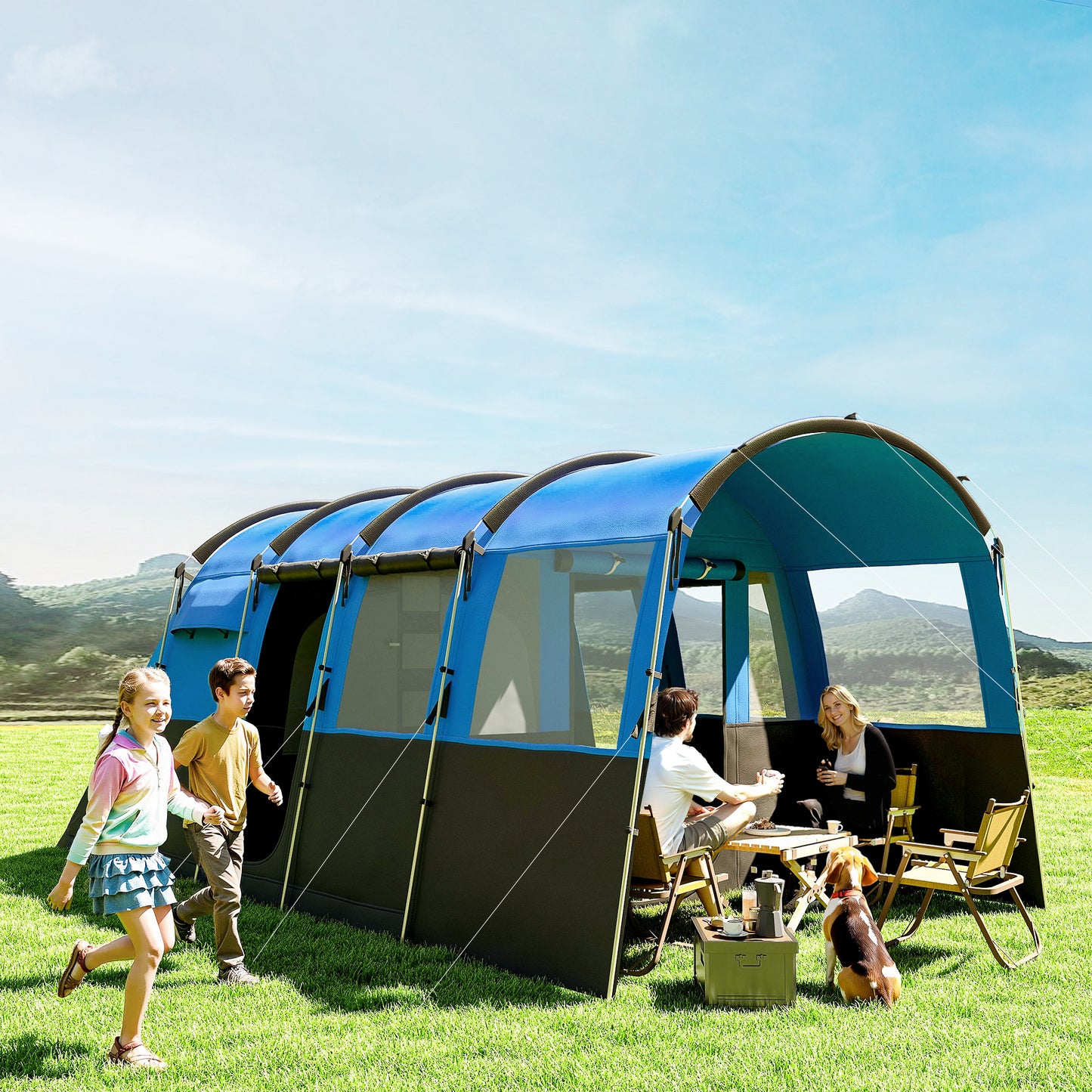 8-Person Camping Tent Tunnel Design with 4 Large Windows Blue