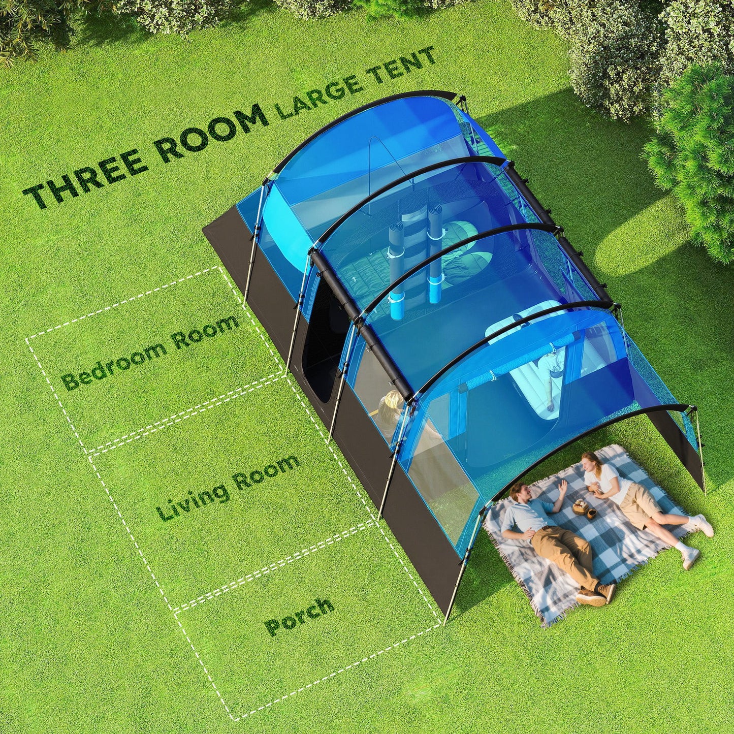 8-Person Camping Tent Tunnel Design with 4 Large Windows Blue