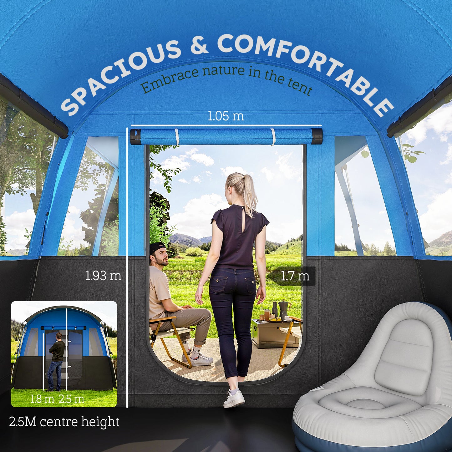 8-Person Camping Tent Tunnel Design with 4 Large Windows Blue