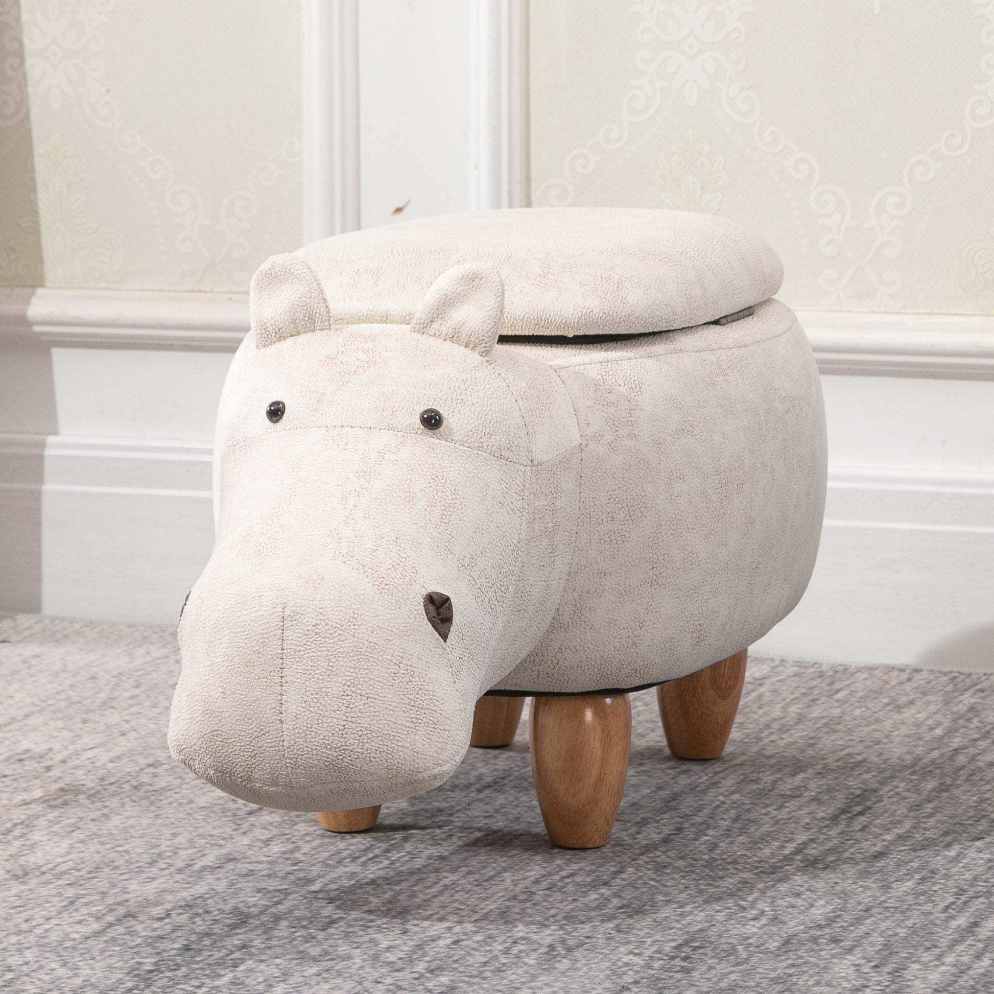Hippo Storage Stool Cute Decoration Footrest Wood Frame Legs with