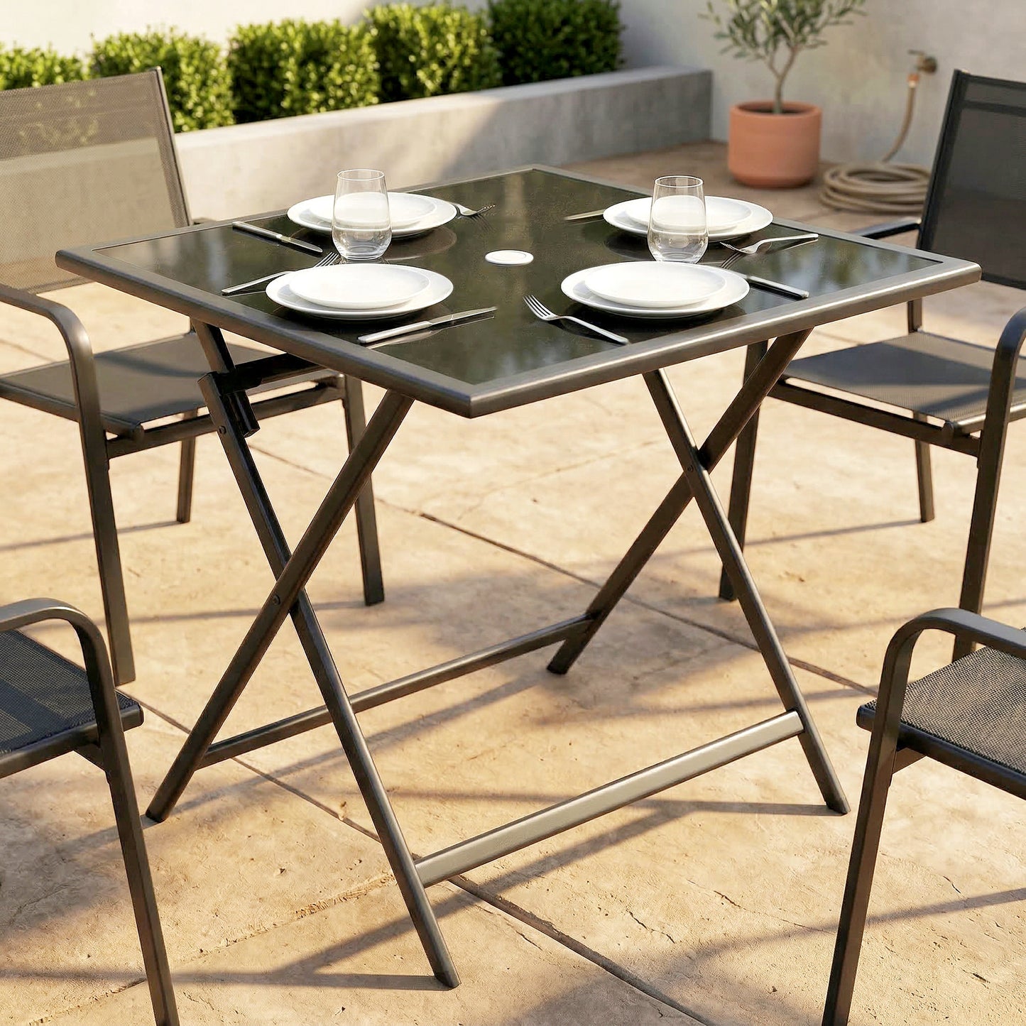 Folding Square Garden Dining Table with Parasol Hole