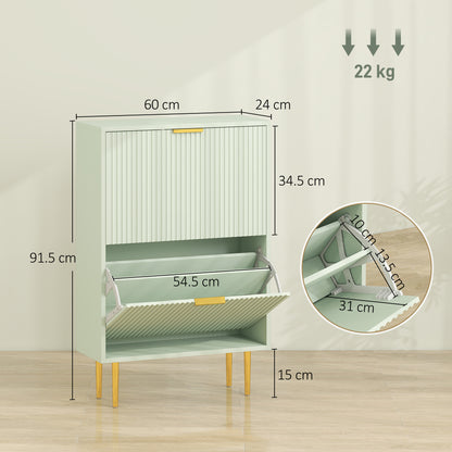 Narrow Shoe Cabinet with 2 Flip Drawers, Modern Slim Shoe Storage Cabinet with Fluted Doors and Adjustable Shelves for Hallway, Holds 6-12 Pairs, Light Green