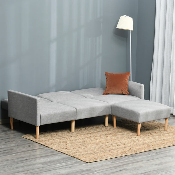 OUT OF STOCK - L Shape Sofa Bed Set, Linen Fabric Corner Sofa Bed with Rubber Wood Legs and Footstool, Light Grey