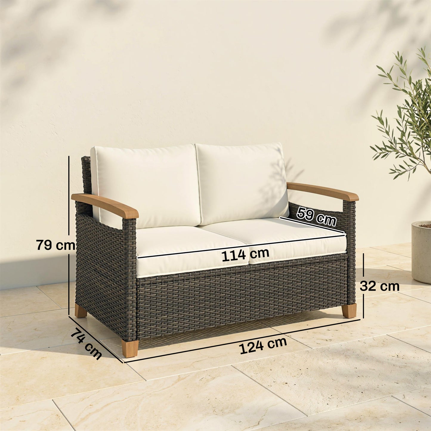 2 Seater Rattan Garden Sofa with Acacia Wood Armrests, Brown