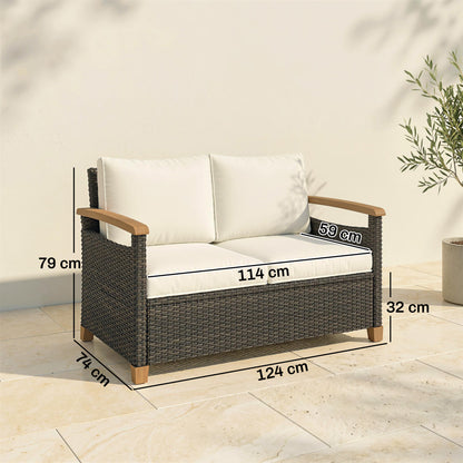 2 Seater Rattan Garden Sofa with Acacia Wood Armrests, Brown