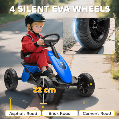 Pedal Go-Kart for Kids with Silent EVA Wheels, Metal Frame, Blue