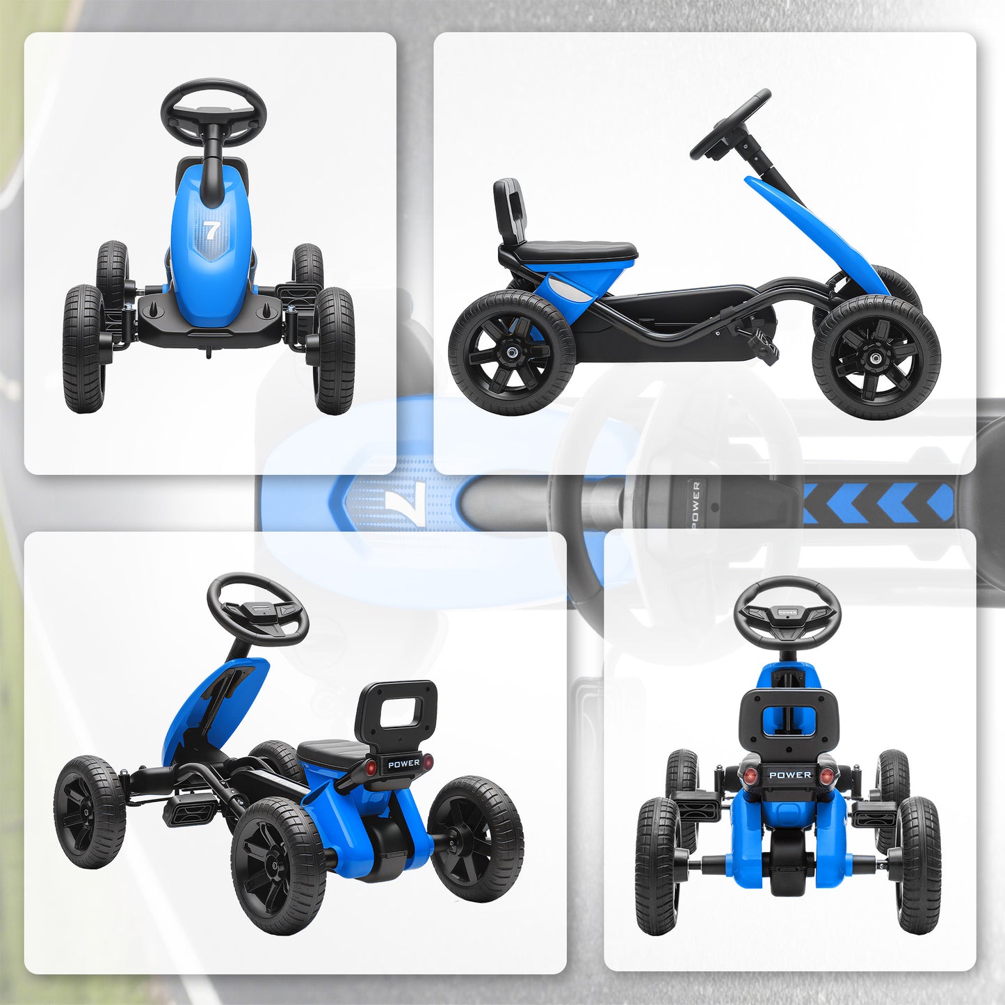 Pedal Go-Kart for Kids with Silent EVA Wheels, Metal Frame, Blue