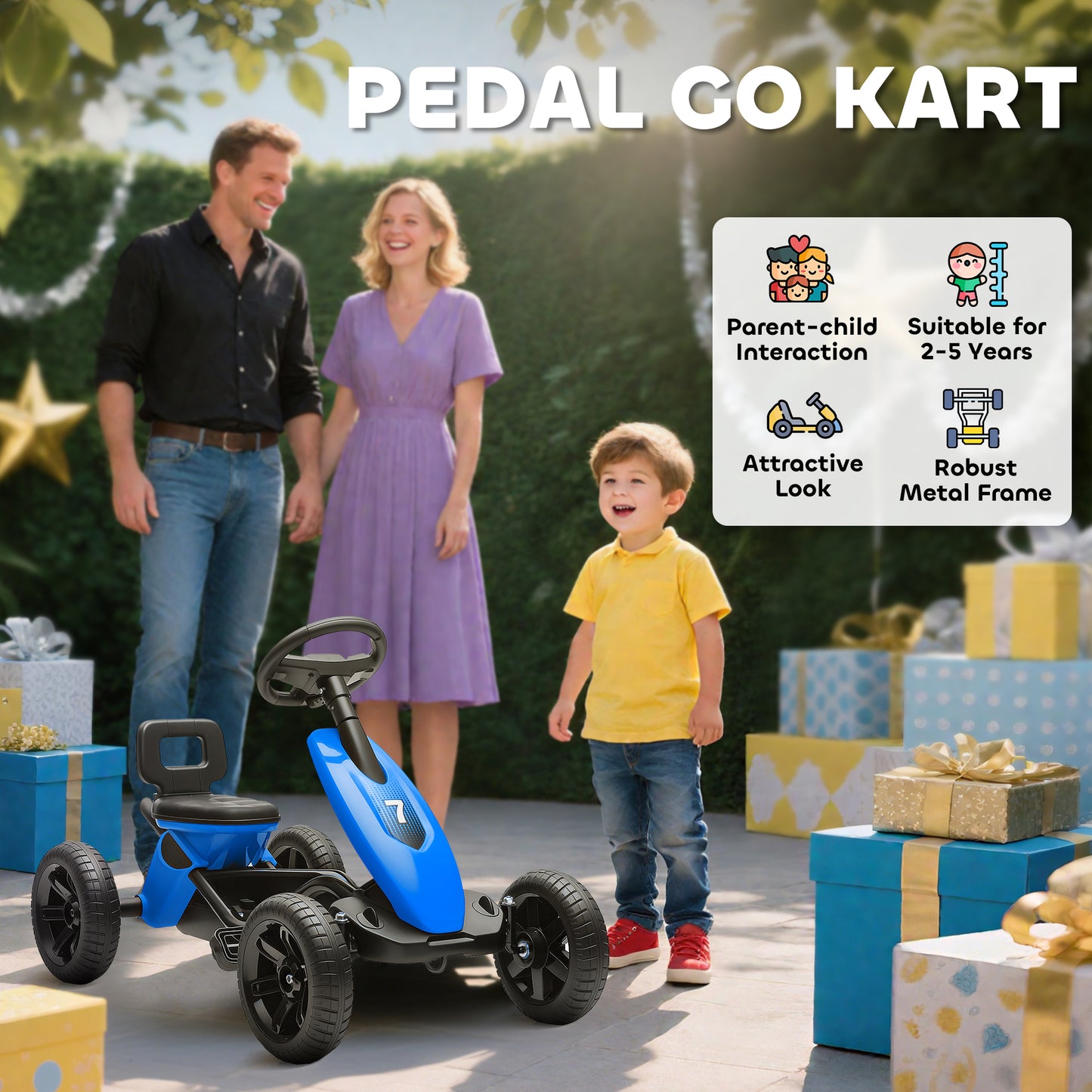 Pedal Go-Kart for Kids with Silent EVA Wheels, Metal Frame, Blue