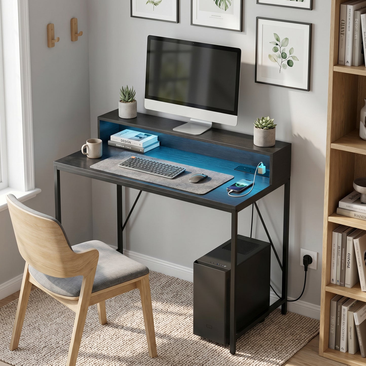 Gaming Desk with LED Lights and Power Outlets, Black Wood-Effect