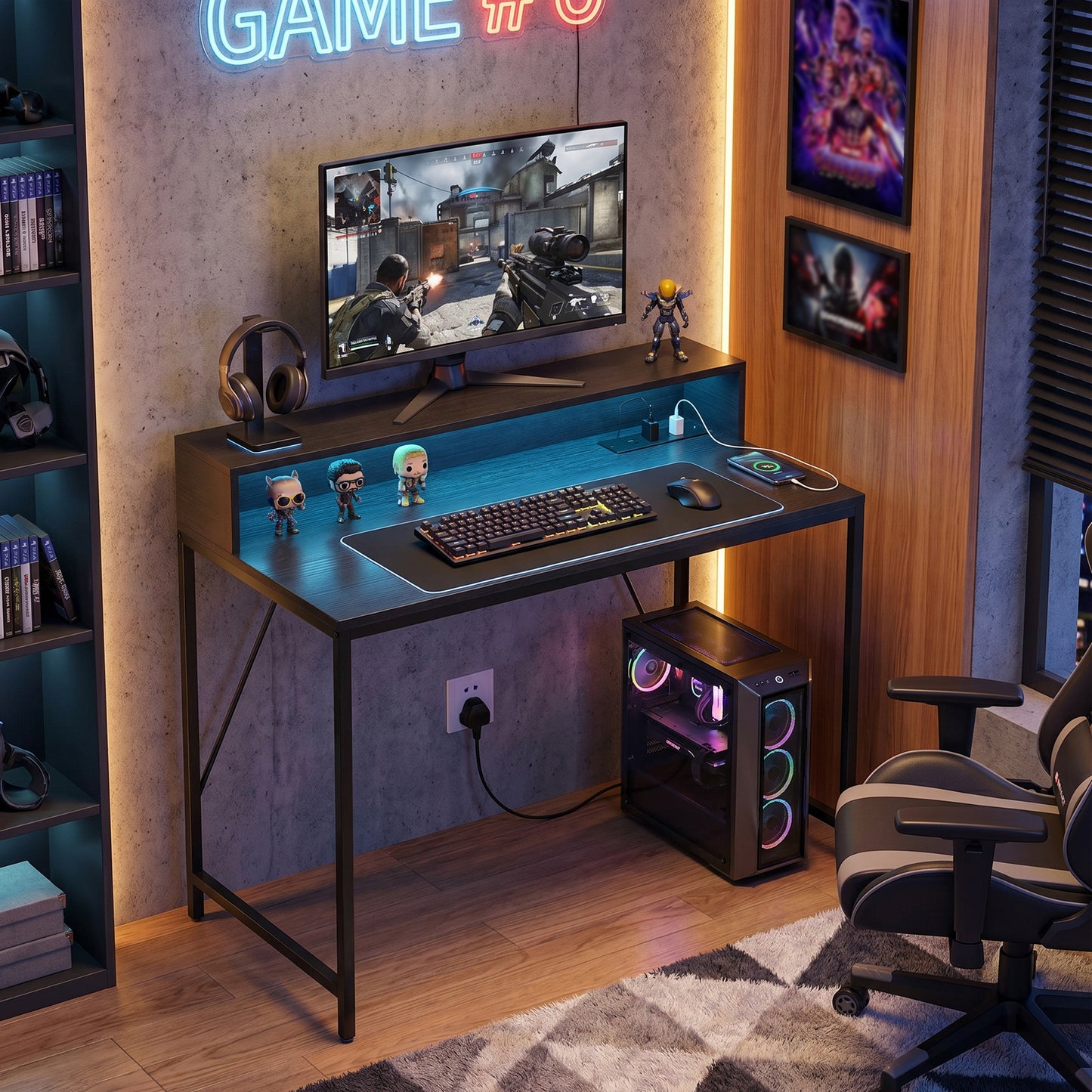 Gaming Desk with LED Lights and Power Outlets, Black Wood-Effect