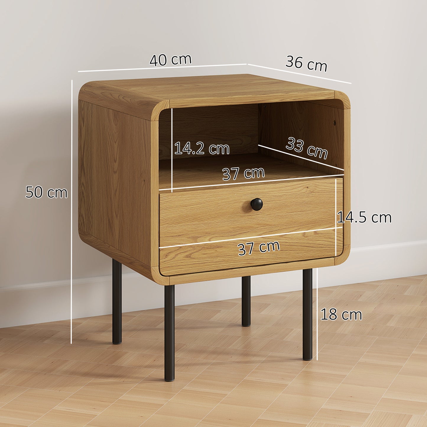Bedside Table with Drawer and Shelf, Modern Bedside Cabinet, Oak