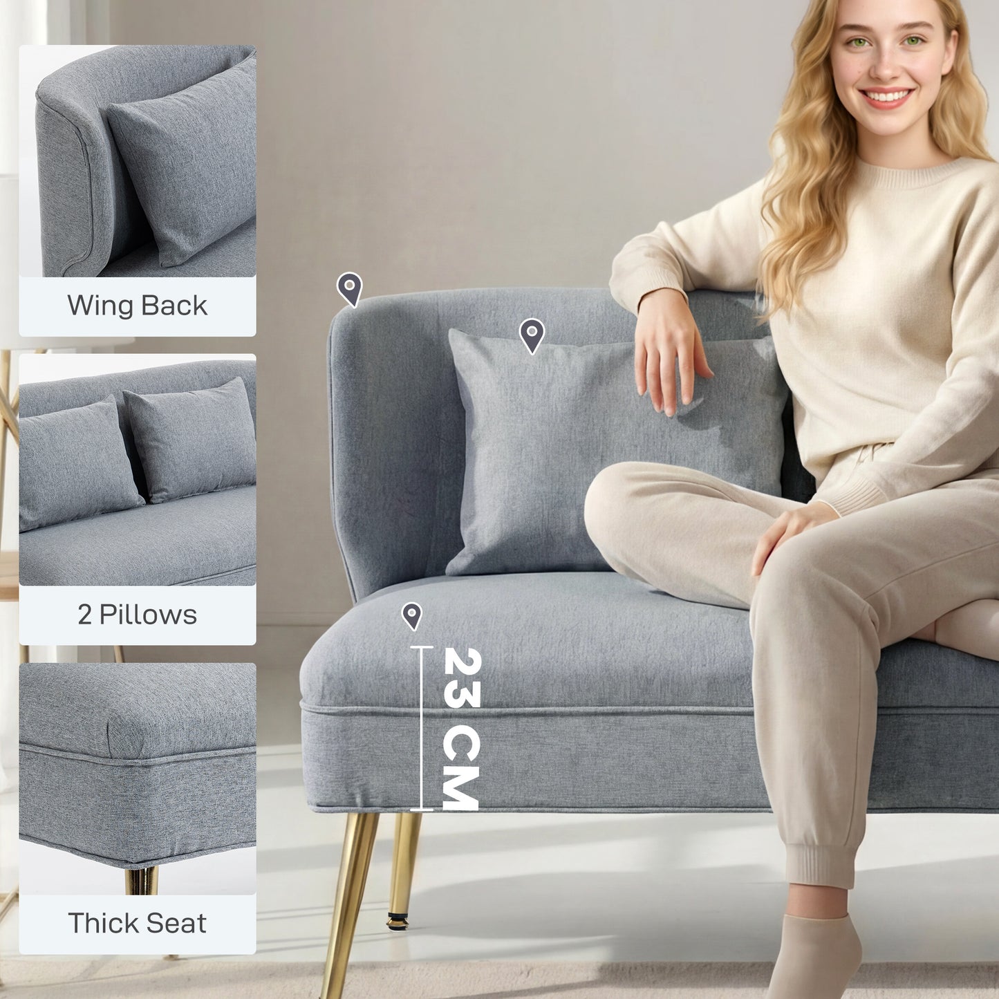 2 Seater Sofa, Small Sofa with Wing Back, Thick Seat, Light Grey