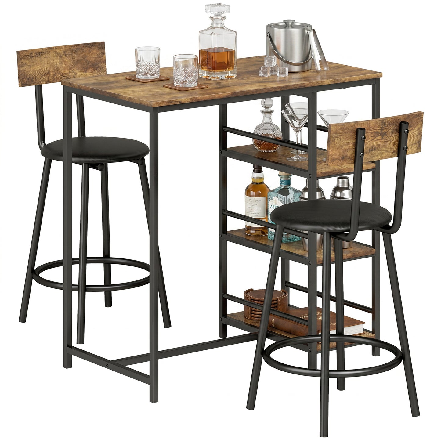 3 Piece Breakfast Bar Table Set, Space Saving Bar Table and PU Leather Stools for 2, Dining Table Set with Storage Shelves, Rustic Brown
